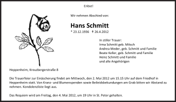 Traueranzeige von Hans Schmitt von Starkenburger Echo