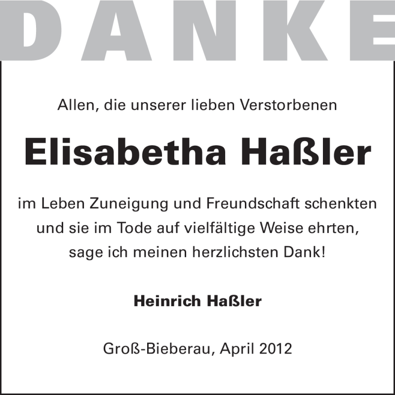  Traueranzeige für Elisabetha Haßler vom 02.05.2012 aus Echo-Zeitungen (Gesamtausgabe)