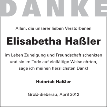 Traueranzeige von Elisabetha Haßler von Echo-Zeitungen (Gesamtausgabe)