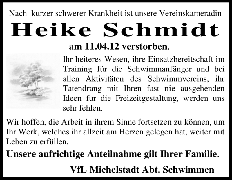  Traueranzeige für Heike Schmidt vom 02.05.2012 aus Odenwälder Echo