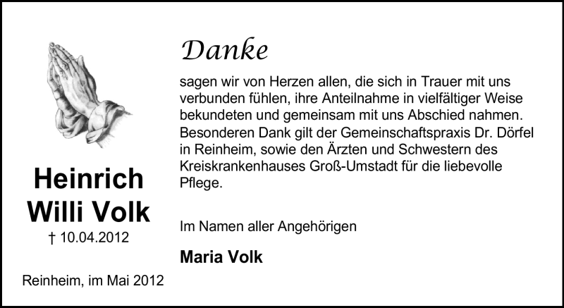  Traueranzeige für Heinrich Willi Volk vom 05.05.2012 aus Darmstädter Echo, Odenwälder Echo, Rüsselsheimer Echo, Groß-Gerauer-Echo, Ried Echo