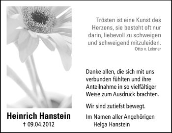 Traueranzeige von Heinrich Hanstein von Echo-Zeitungen (Gesamtausgabe)