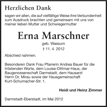 Traueranzeige von Erna Marschner von Darmstädter Echo, Odenwälder Echo, Rüsselsheimer Echo, Groß-Gerauer-Echo, Ried Echo