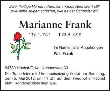 Traueranzeige von Marianne Frank von Odenwälder Echo