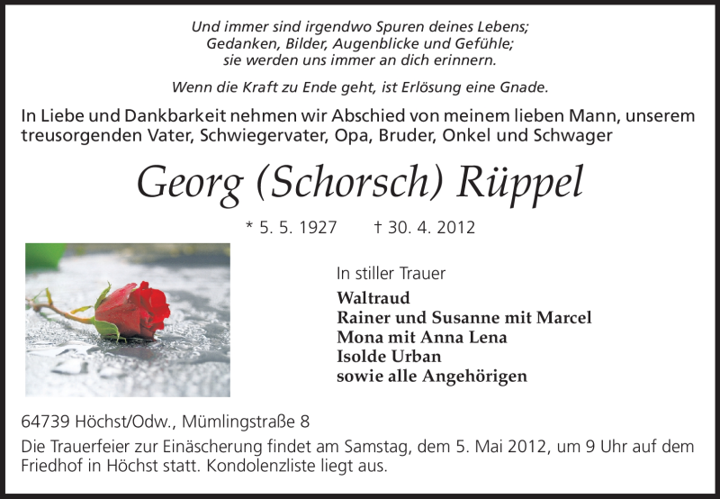  Traueranzeige für Georg Rüppel vom 02.05.2012 aus Odenwälder Echo