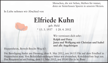 Traueranzeige von Elfriede Kuhn von Starkenburger Echo
