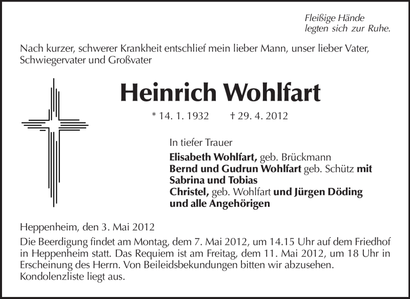  Traueranzeige für Heinrich Wohlfart vom 03.05.2012 aus Starkenburger Echo, Bergsträßer Anzeiger