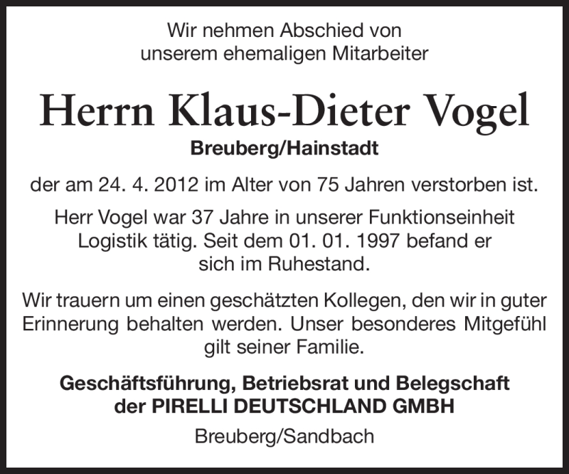  Traueranzeige für Klaus-Dieter Vogel vom 03.05.2012 aus Odenwälder Echo