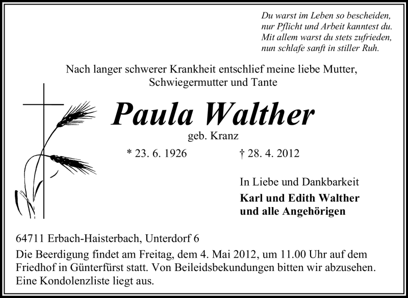  Traueranzeige für Paula Walther vom 02.05.2012 aus Odenwälder Echo