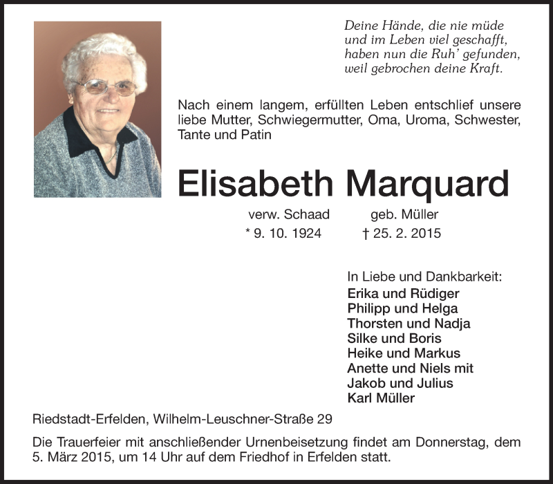  Traueranzeige für Elisabeth Marquard vom 03.03.2015 aus Rüsselsheimer Echo, Groß-Gerauer-Echo, Ried Echo