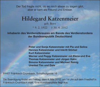 Traueranzeige von Hildegard Katzenmeier von Echo-Zeitungen (Gesamtausgabe)