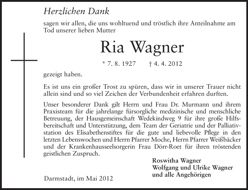  Traueranzeige für Ria Wagner vom 05.05.2012 aus Echo-Zeitungen (Gesamtausgabe)
