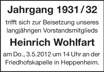 Traueranzeige von Heinrich Wohlfart von Starkenburger Echo