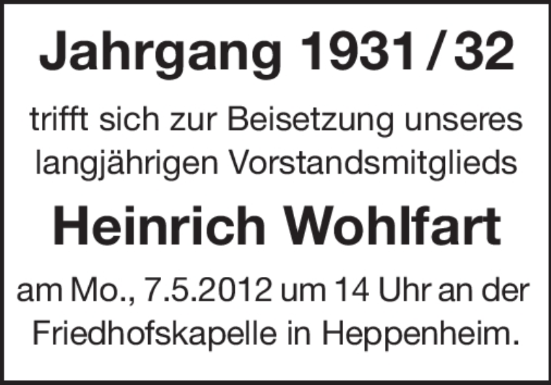  Traueranzeige für Heinrich Wohlfart vom 04.05.2012 aus Starkenburger Echo