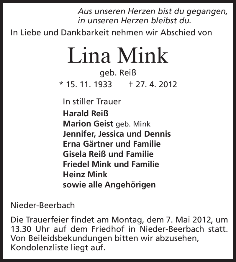  Traueranzeige für Lina Mink vom 05.05.2012 aus Echo-Zeitungen (Gesamtausgabe)
