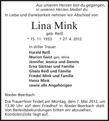 Traueranzeige von Lina Mink von Echo-Zeitungen (Gesamtausgabe)