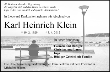 Traueranzeige von Karl Heinrich Klein von Odenwälder Echo