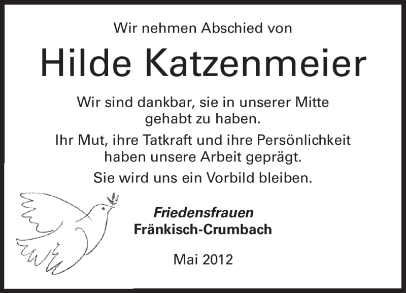  Traueranzeige für Hilde Katzenmeier vom 03.05.2012 aus Odenwälder Echo
