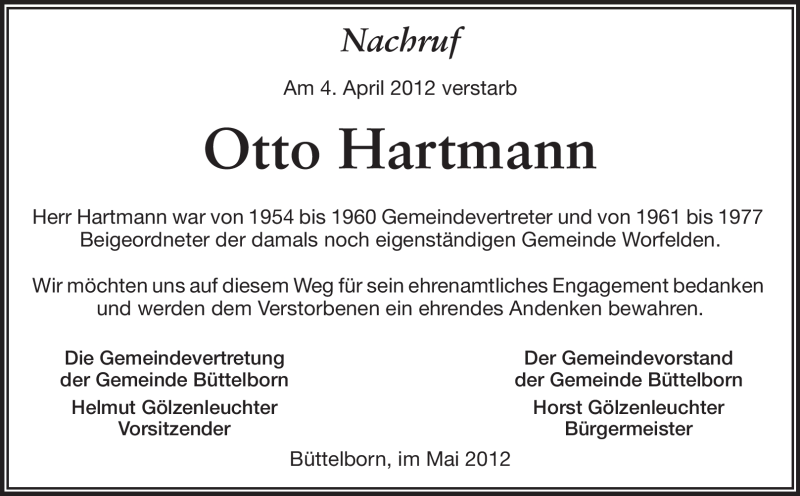  Traueranzeige für Otto Hartmann vom 05.05.2012 aus Rüsselsheimer Echo, Groß-Gerauer-Echo, Ried Echo