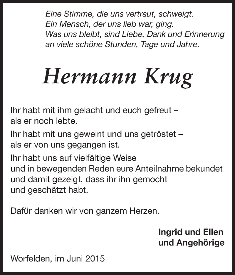  Traueranzeige für Hermann Krug vom 06.06.2015 aus Echo-Zeitungen (Gesamtausgabe)
