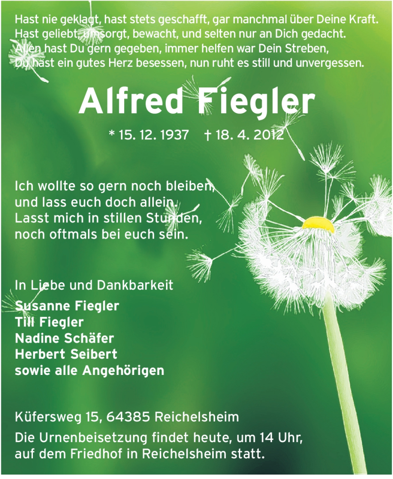  Traueranzeige für Alfred Fiegler vom 05.05.2012 aus Echo-Zeitungen (Gesamtausgabe)