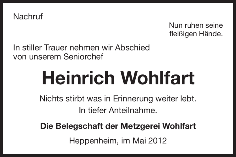  Traueranzeige für Heinrich Wohlfart vom 04.05.2012 aus Starkenburger Echo