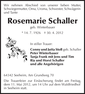 Traueranzeige von Rosemarie Schaller von Echo-Zeitungen (Gesamtausgabe)