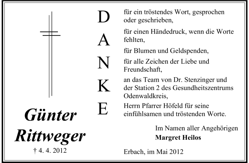  Traueranzeige für Günter Rittweger vom 05.05.2012 aus Odenwälder Echo