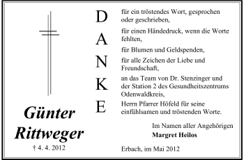 Traueranzeige von Günter Rittweger von Odenwälder Echo