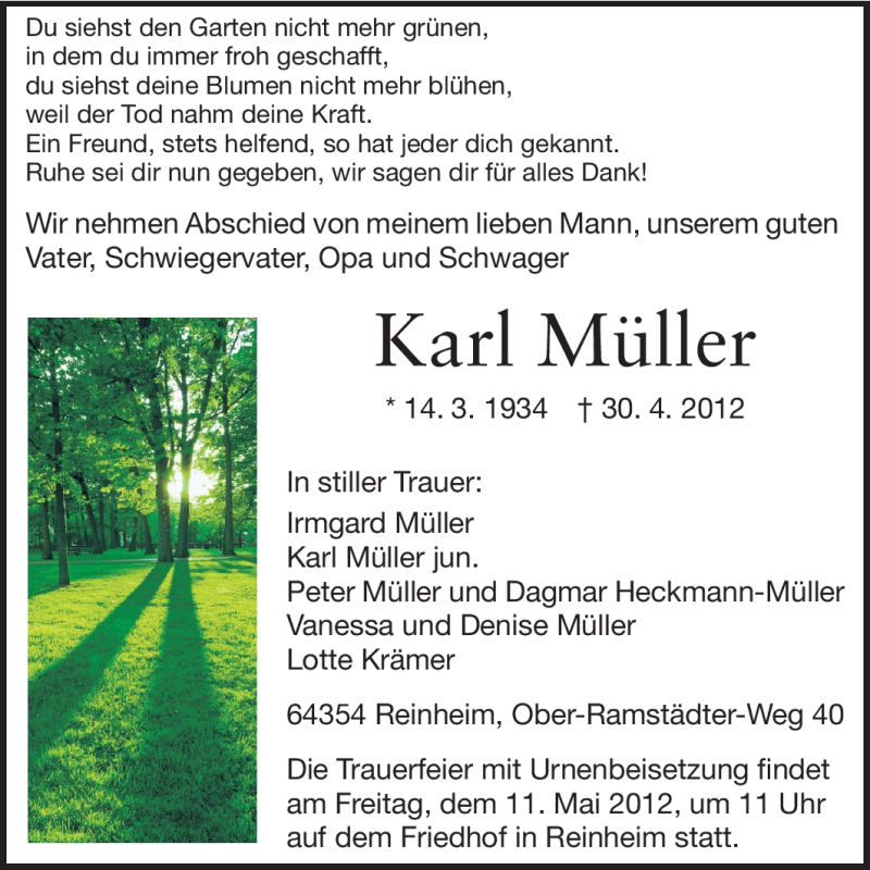  Traueranzeige für Karl Müller vom 09.05.2012 aus Darmstädter Echo, Odenwälder Echo, Rüsselsheimer Echo, Groß-Gerauer-Echo, Ried Echo