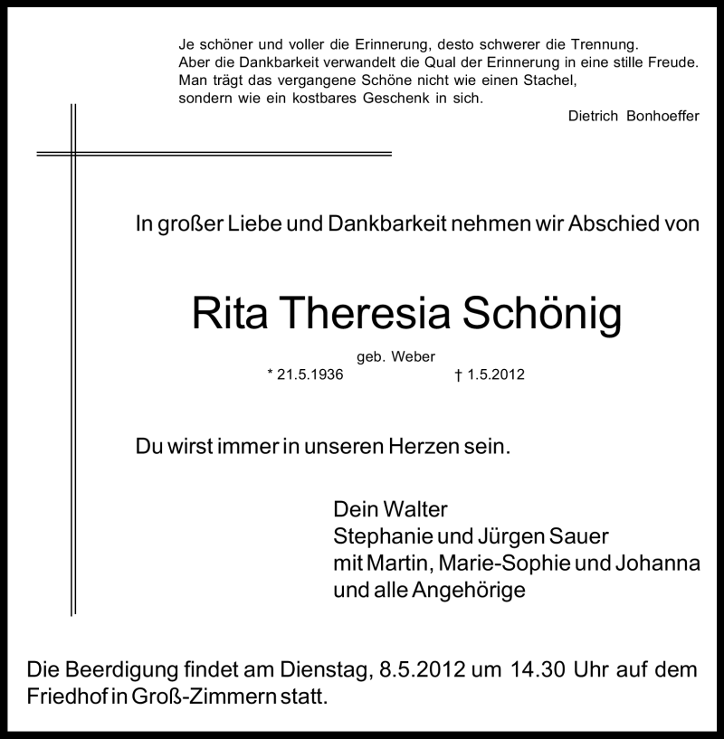  Traueranzeige für Rita Theresia Schönig vom 05.05.2012 aus Echo-Zeitungen (Gesamtausgabe)