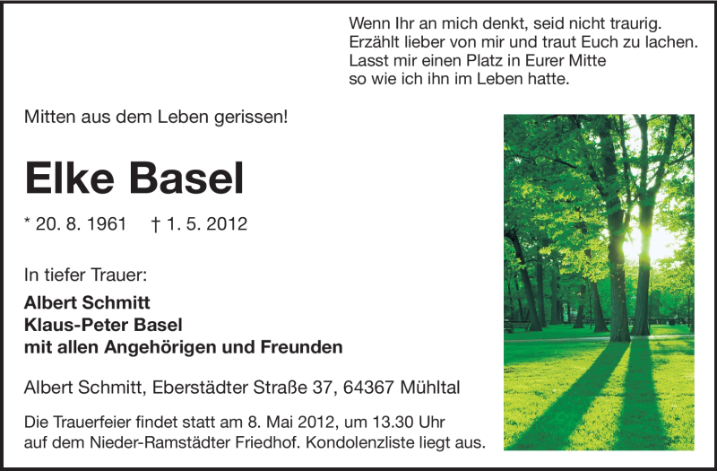  Traueranzeige für Elke Basel vom 04.05.2012 aus Echo-Zeitungen (Gesamtausgabe)