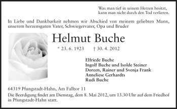 Traueranzeige von Helmut Buche von Echo-Zeitungen (Gesamtausgabe)