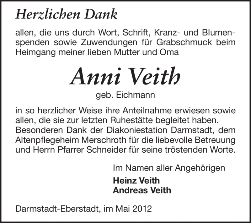  Traueranzeige für Anni Veith vom 05.05.2012 aus Echo-Zeitungen (Gesamtausgabe)