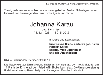 Traueranzeige von Johanna Karau von Echo-Zeitungen (Gesamtausgabe)