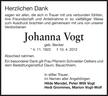 Traueranzeige von Johanna Vogt von Rüsselsheimer Echo, Groß-Gerauer-Echo, Ried Echo