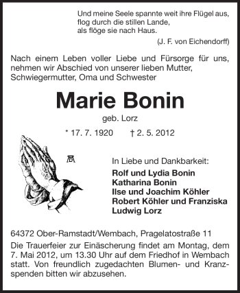 Traueranzeige von Marie Bonin von Echo-Zeitungen (Gesamtausgabe)