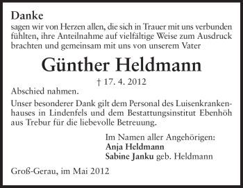 Traueranzeige von Günther Heldmann von Rüsselsheimer Echo, Groß-Gerauer-Echo, Ried Echo