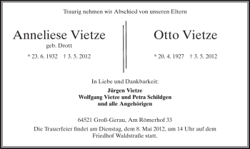 Traueranzeige von Anneliese und Otto Vietze von Rüsselsheimer Echo, Groß-Gerauer-Echo, Ried Echo