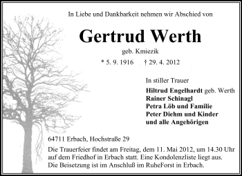 Traueranzeige von Gertrud Werth von Odenwälder Echo