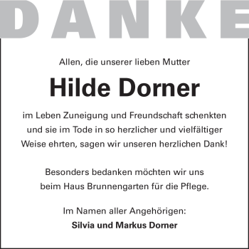 Traueranzeige von Hilde Dorner von Echo-Zeitungen (Gesamtausgabe)