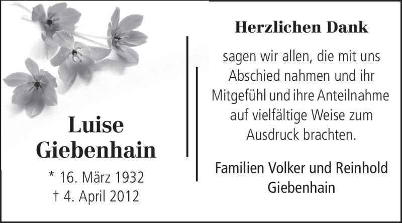  Traueranzeige für Luise Giebenhain vom 05.05.2012 aus Odenwälder Echo