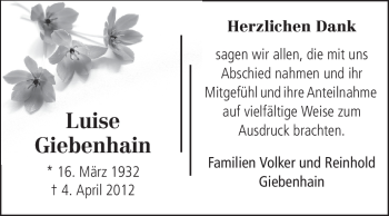Traueranzeige von Luise Giebenhain von Odenwälder Echo