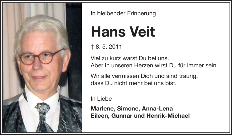  Traueranzeige für Hans Veit vom 08.05.2012 aus Rüsselsheimer Echo, Groß-Gerauer-Echo, Ried Echo