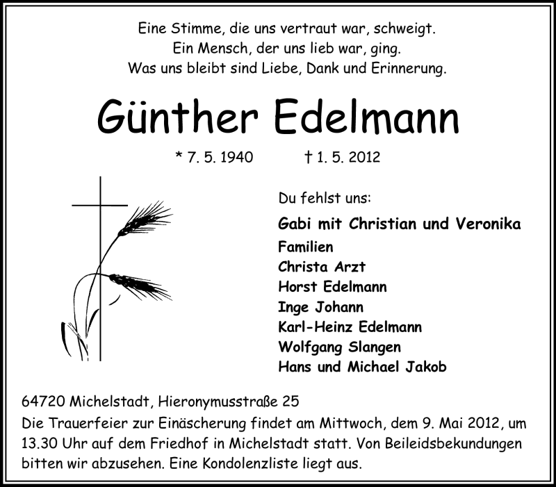  Traueranzeige für Günther Edelmann vom 05.05.2012 aus Odenwälder Echo