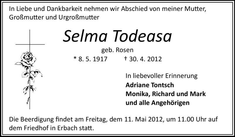  Traueranzeige für Selma Todeasa vom 05.05.2012 aus Odenwälder Echo