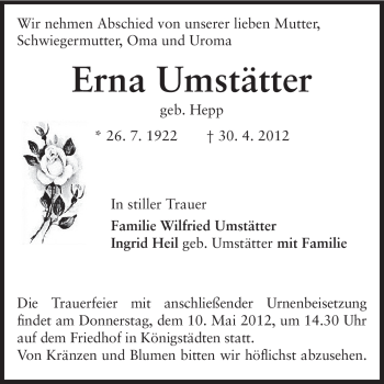 Traueranzeige von Erna Umstätter von Rüsselsheimer Echo, Groß-Gerauer-Echo, Ried Echo