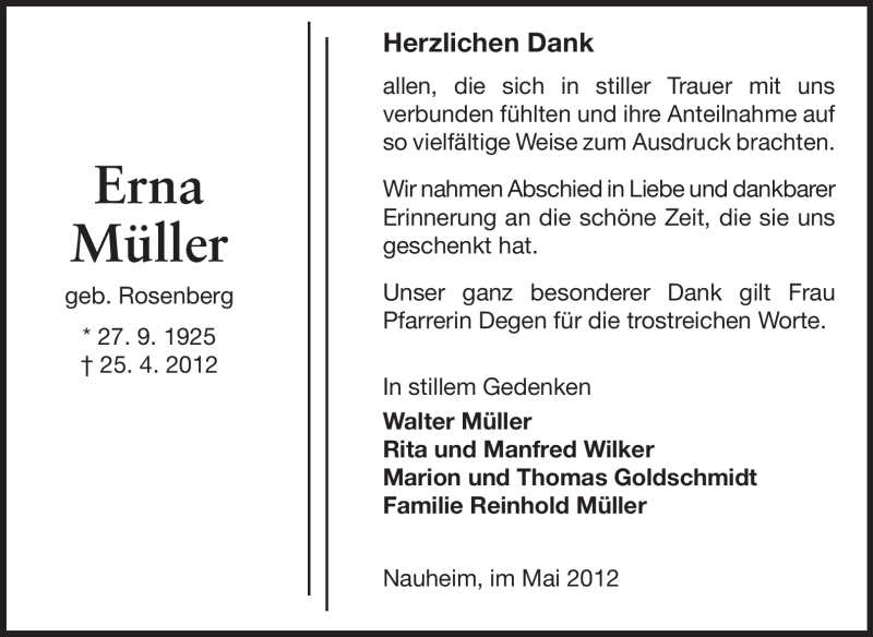  Traueranzeige für Erna Müller vom 09.05.2012 aus Rüsselsheimer Echo, Groß-Gerauer-Echo, Ried Echo