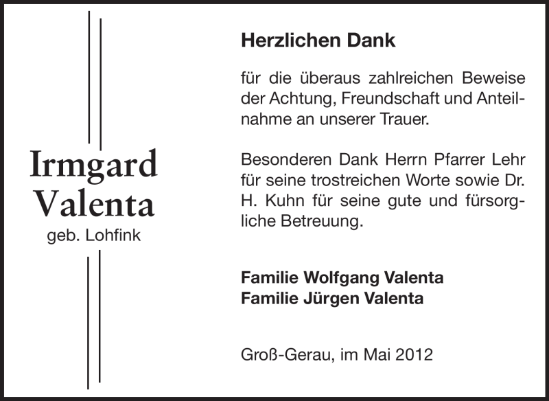  Traueranzeige für Irmgard Valenta vom 12.05.2012 aus Rüsselsheimer Echo, Groß-Gerauer-Echo, Ried Echo