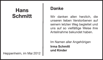 Traueranzeige von Hans Schmitt von Starkenburger Echo